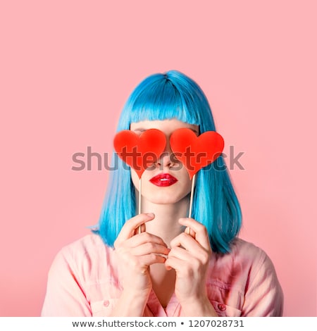 Stock fotó: Beautiful Young Woman With Lipstick Over Abstract Pink Backgroun