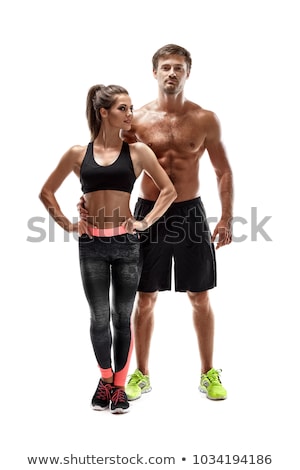 Stockfoto: Athletic Couple - Man And Woman With Dumbbells On The White