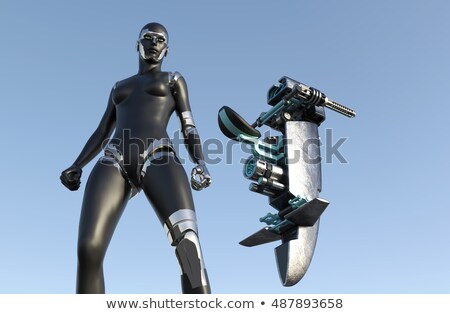 Foto stock: Cyborg Woman - Humanoid With Sci Fi Vehicle