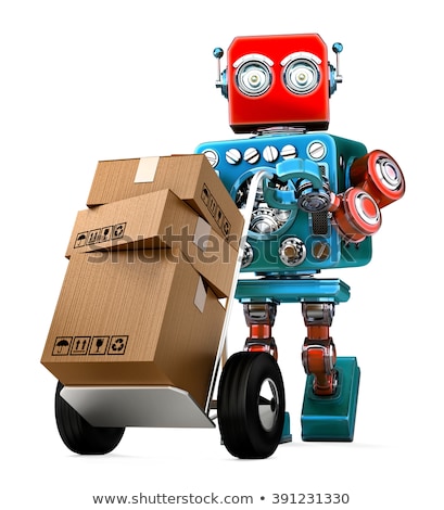 Stock foto: Retro Robot Pushing A Hand Truck With Boxes Isolated Contains Clipping Path