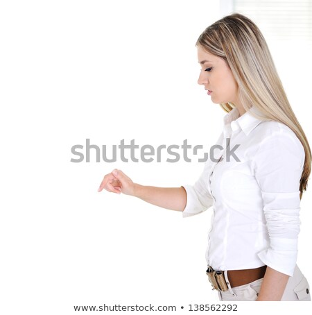 Foto stock: Attractive Blonde Girl Pressing Digital Abstract Button On Side