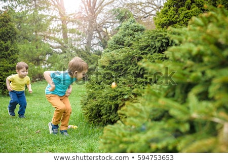 Stock fotó: Rabbit With Basket With Color Easter Eggs In The Garden