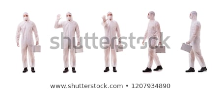 Stockfoto: Criminologist In Protective Suit With Steel Case