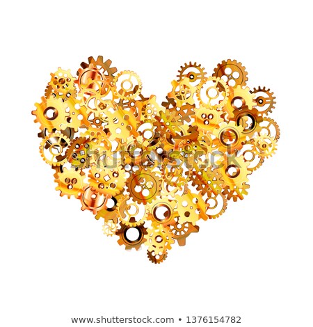 Foto stock: Complicated Clockwork Mechanism With Glossy Golden Steampunk Cogwheels In Heart Shape On White