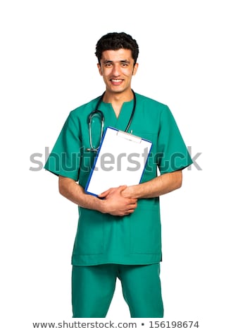 [[stock_photo]]: Portrait Of Doctor Arab Nationality With Health Record On White