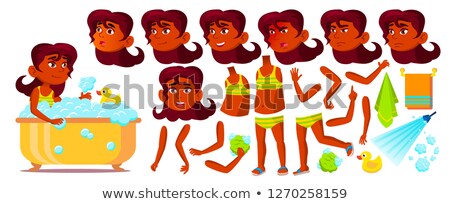 Foto d'archivio: Indian Girl Vector Hindu Child Animation Set Bath Shower Pool Beach Face Emotions Gestures