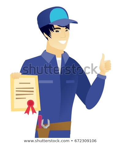 Stock fotó: Young Asian Mechanic Holding A Certificate