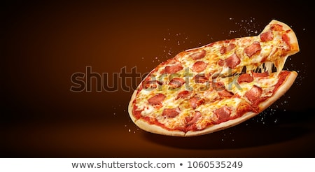 Foto stock: Salami Pizza Slice On Fast Food Poster With Text