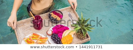 Foto stock: Banner Long Format Breakfast Tray In Swimming Pool Floating Breakfast In Luxury Hotel Girl Relaxi