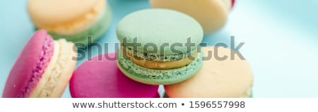 Сток-фото: French Macaroons On Blue Background Parisian Chic Cafe Dessert