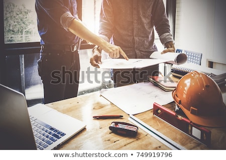 [[stock_photo]]: Blueprints Background With Computer And Tools Blue Toned