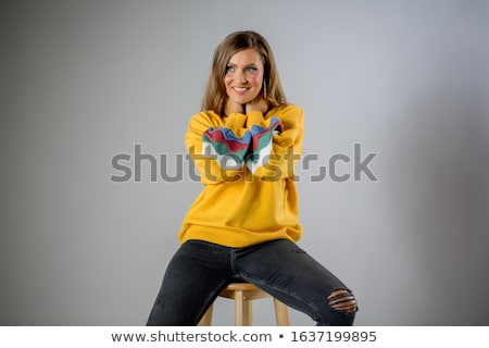 Stok fotoğraf: Pretty Woman In Yellow Blouse Isolated On White