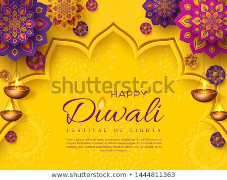 Stock fotó: Happy Diwali Burning Diya On Yellow Background