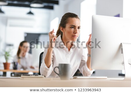 Stockfoto: Nervous Business Woman In Office Working With Computer Make Hopeful Gesture