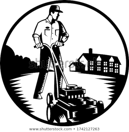 Stock photo: Gardener Mowing With Lawn Mower Woodcut Retro Black And White