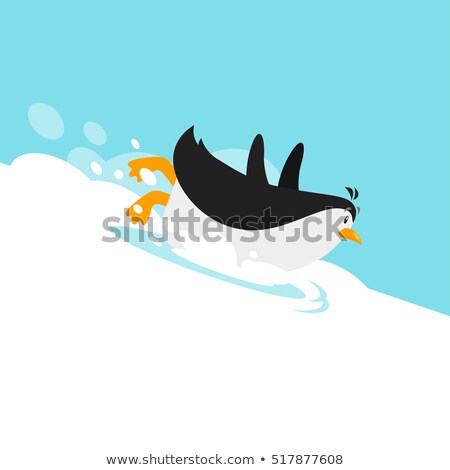 Foto d'archivio: Vector Flat Style Illustration Of Penguin Sliding On The Glacier