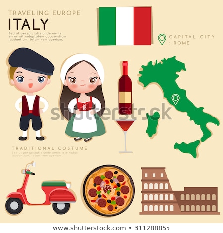 Stok fotoğraf: Pizza And Italian Characters Attractions Map And Flag Of Italy