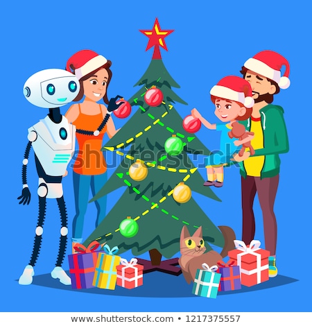 Stock fotó: Robot Helps To Decorate Christmas Tree For Happy Family Vector Isolated Illustration