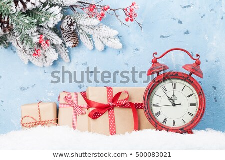 Stock fotó: Christmas Gift Box Alarm Clock And Fir Tree