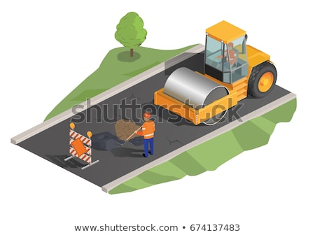 Сток-фото: Vector Isometric Road Roller At Road Construction Site