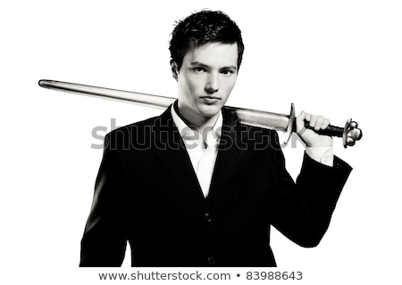 Foto stock: Businessman With Sword On White