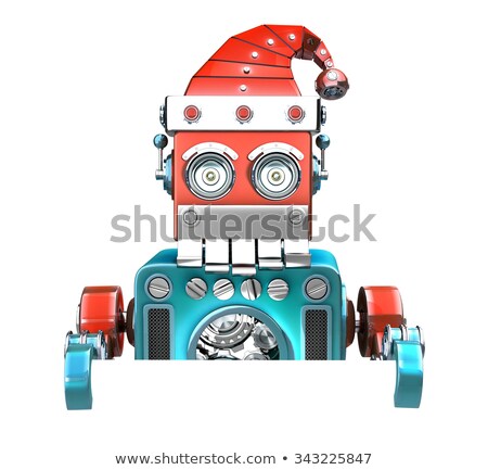 [[stock_photo]]: Retro Santa Robot Looking Out From Behind The Blank Board Isolated Contains Clipping Path