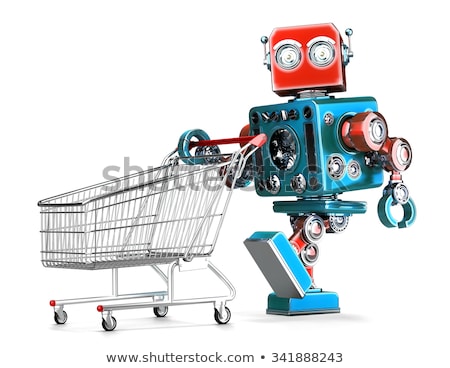 Сток-фото: Robot With Shopping Cart Contains Clipping Path 3d Illustration