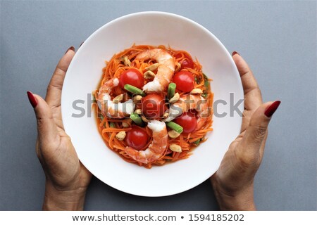 Stok fotoğraf: Tasty Shrimps Salad Green Beans And Cherry Tomatoes Top View