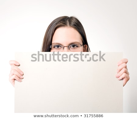 Stock fotó: Woman Holding Blank Business Card With Her Both Hands Isolated