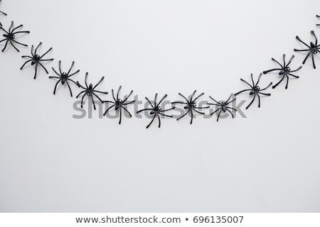 Stock fotó: Black Toy Spiders Chain Over White Background