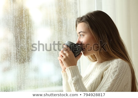 ストックフォト: Happy Young Girl Drinking Coffee Outdoors Winter Concept
