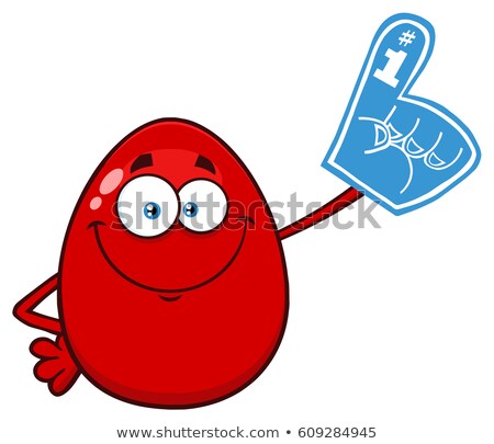 Stockfoto: Red Easter Egg Cartoon Mascot Character Wearing A Foam Finger