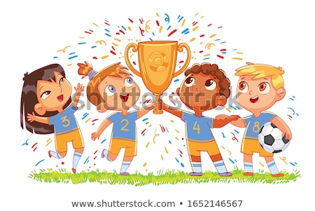Foto stock: Soccer Ball Cartoon Character Holding A Golden Trophy Cup
