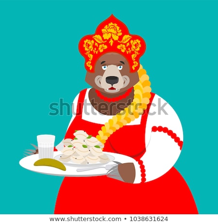 Stock photo: Welcome To Russia Russian Bear And Vodka And Dumplings Nationa
