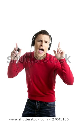 Foto stock: Estido · de · niño · joven · estudiante · en · música · MP3 · de · audiencia · roja