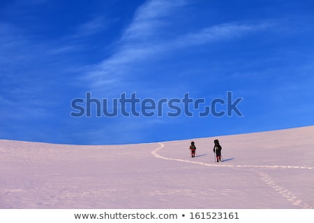 Stockfoto: Two Hikers On Sunrise Snow Plateau