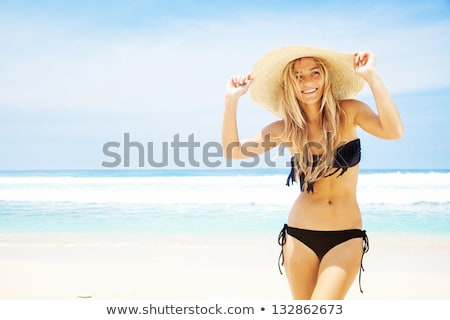Stock fotó: Happy Young Woman In Bikini Swimsuit And Sun Hat