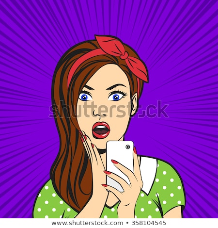Foto d'archivio: Vector Pop Art Woman Face With Open Mouth Holding A Phone In Her