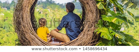 Stock foto: Banner Long Format Bali Trend Straw Nests Everywhere Child Friendly Place Happy Family Enjoying