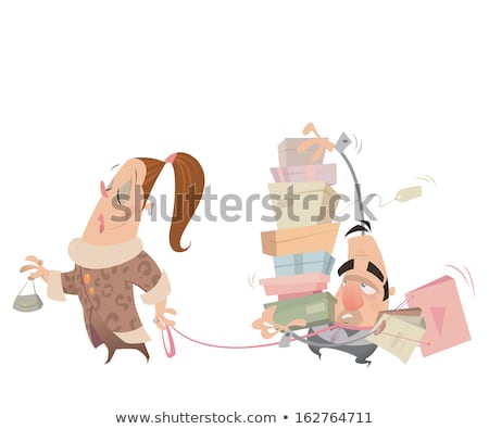 Stock fotó: Cartoon Couple Shopping Woman Having Husband With Lash Carrying