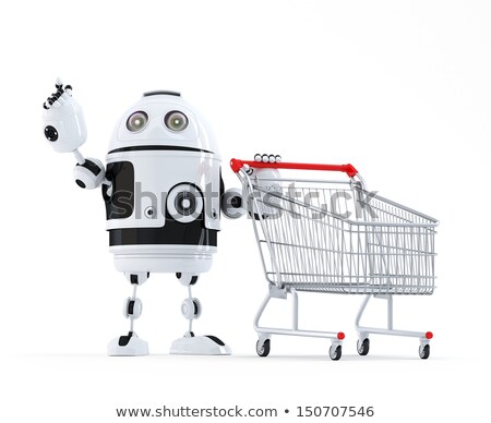 Foto stock: Robot With Shopping Cart Pointing At Invisible Object
