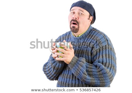 Stockfoto: Poorly Man In Blue Sweater With Hot Drink
