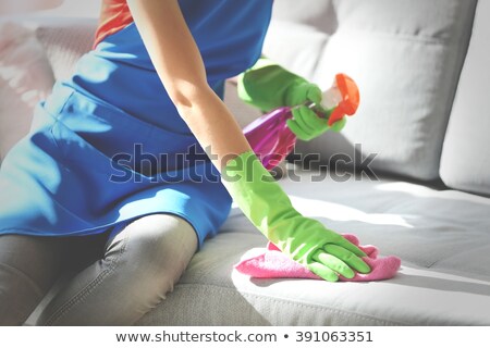 Stock fotó: Person Cleaning Sofa With Sponge