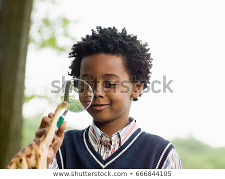 Foto stock: A Boy Looking At A Toy Dinosaur With A Magnifying Glass