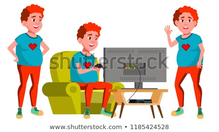 Foto stock: Teen Boy Poses Set Vector Red Head Fat Gamer Adult People Casual For Advertisement Greeting A