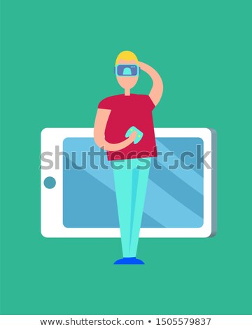 Foto stock: Man In Vr Glasses And Big Device Icon Color Poster