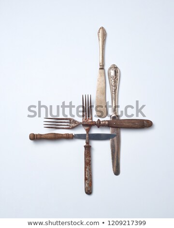 Foto stock: Old Fork And Knife With Wooden Handle Isolated On Gray Background With Copy Space Vintage Tableware