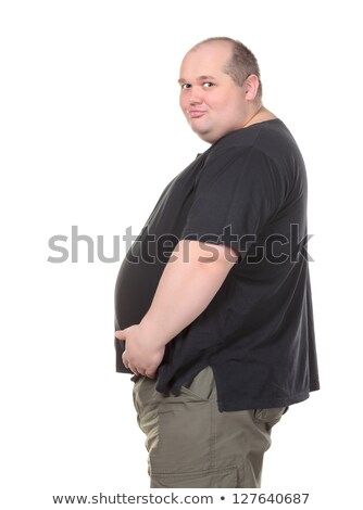 Stockfoto: Fat Man Standing In Profile And Holding Her Belly