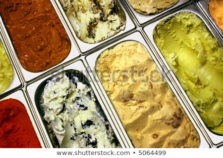 Foto stock: Ice Cream Parlor Nine Ice Cream Of Different Colors Popular Ice Cream Flavors For Your Taste