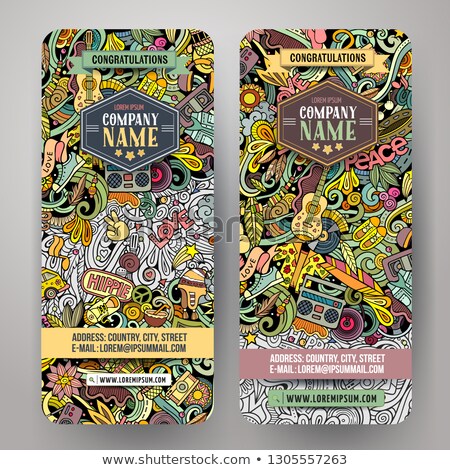 Сток-фото: Hippie Hand Drawn Doodle Banners Set Cartoon Detailed Flyers